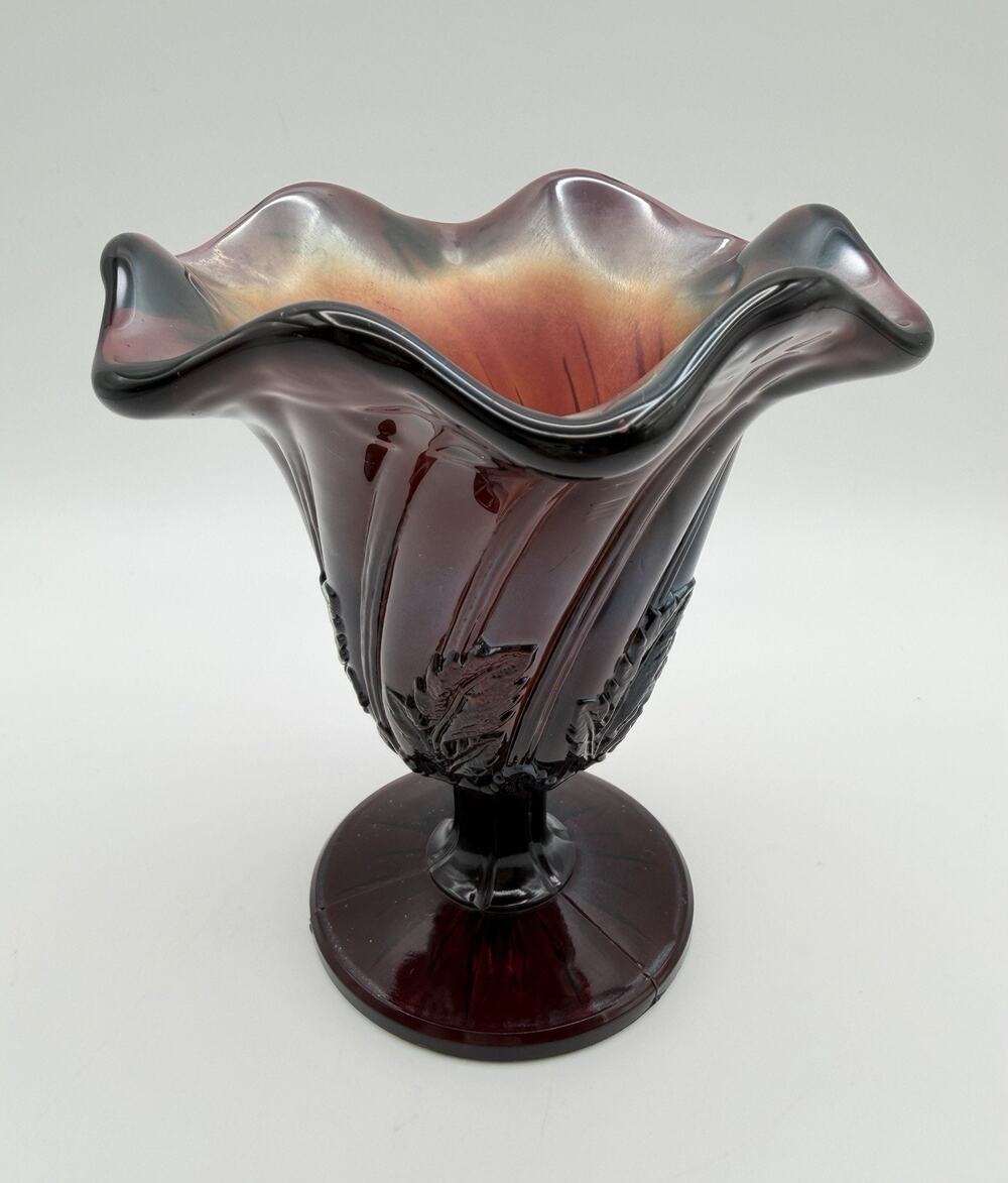 Westmoreland Amethyst Carnival Glass Leaf Swirl Ruffled Compote Vase 5.5” VNTG